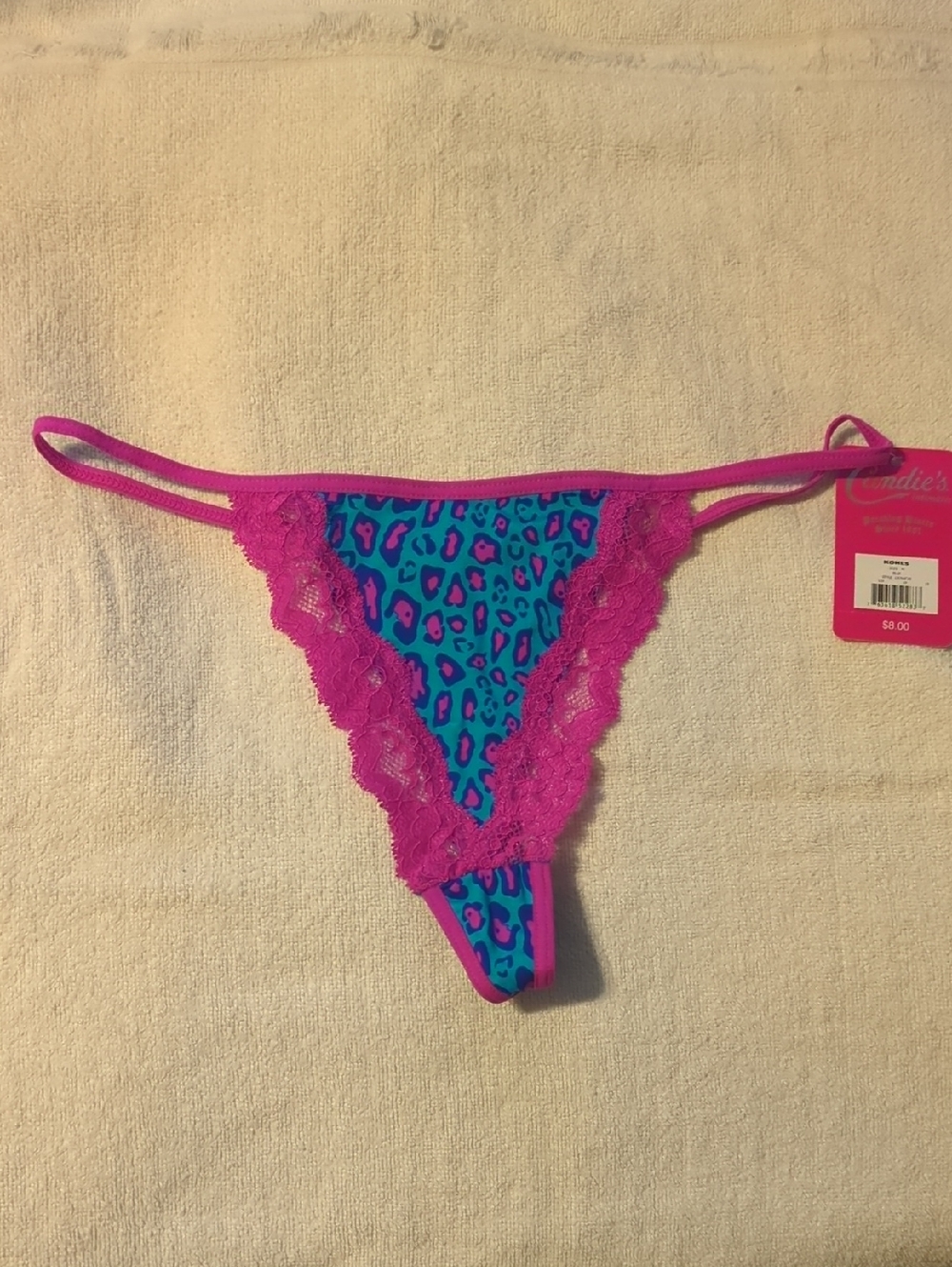 Blue Leopard Lace Trim Thong with Hot Pink Accents